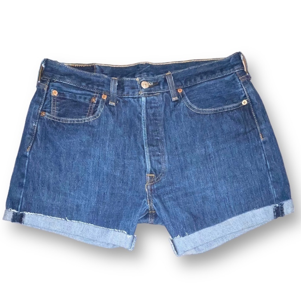 Levi's 501 Button Fly Denim Boyfriend Shorts in a dark wash with a rolled hem